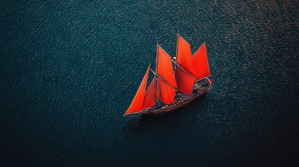 Wall Mural -   Sailboat with orange sails floating on water in ocean