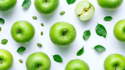 Sticker - Fresh green apples with droplets of water arranged with leaves on a clean surface during daylight highlight nature's bounty