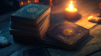 Stacks of tarot cards on wooden table illuminated by candlelight