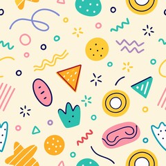 seamless pattern with cream. Fun colorful line doodle seamless pattern. Creative minimalist style art background for children or trendy design with basic shapes. Simple childish scribble backdrop.