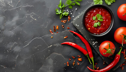 Sticker - Composition with chili sauce in bowl on table