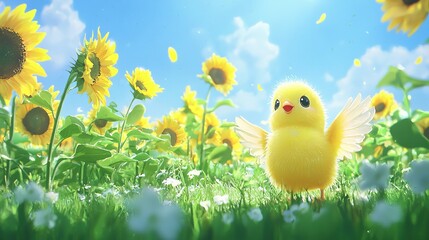 Sticker -   Yellow chicken in sunflower field with blue sky