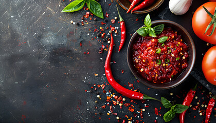 Sticker - Composition with chili sauce in bowl on table