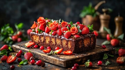   A strawberry dessert with chocolate frosting on a cutting board