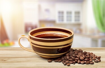 Canvas Print - Cup of tasty aroma hot coffee, with beans