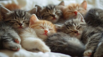 Sticker -   A cluster of kittens slumbering on a bed with shut eyes and their heads nested together