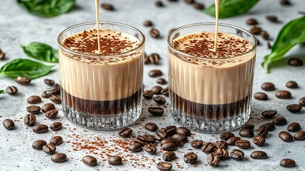   A couple of glasses filled with drinks on a table beside coffee beans and greenery