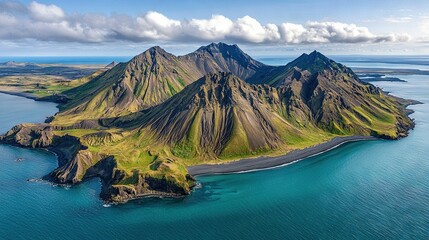 Poster -   A stunning aerial image of a tiny island surrounded by water and featuring a majestic mountain in the backdrop