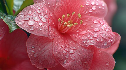 Canvas Print -   Pink flower with water droplets and green foliage