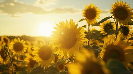 Poster -   A vast field of sunflowers bathed in sunlight filtering through cloudy skies