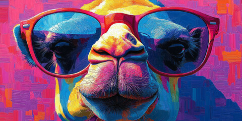 A close-up of a camel wearing red sunglasses against a colorful background.