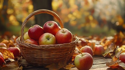 Wall Mural -   A basket of apples rests atop a wooden table, surrounded by falling leaves and a nearby tree