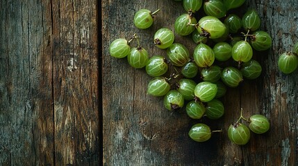 Wall Mural -   Green grapes sit atop a wooden table, adjacent to a piece of fruit