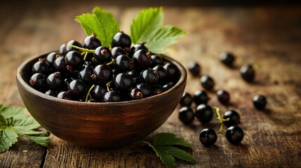 Wall Mural -   Wooden table, black currans in a bowl, leaves nearby