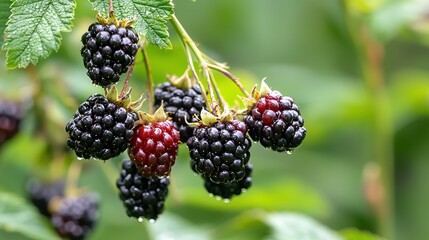 Wall Mural -   A blackberry bush adorned with lush, emerald foliage bore succulent berries dotted with glistening dew The juicy fruits were ripe and ri