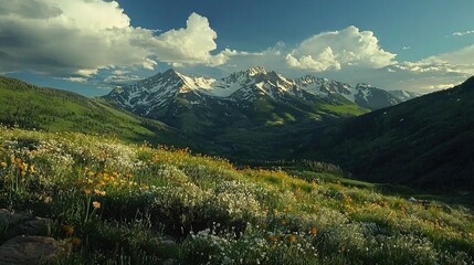 Poster -   A mountain range with wildflowers in the foreground and a blue sky with clouds in the background is viewed