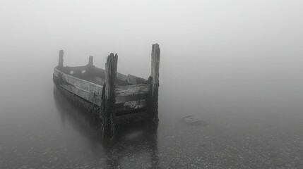 Canvas Print -   A boat floating on a murky lake at twilight in grayscale