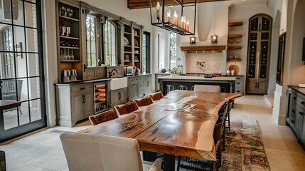 Elegant dining room with custom carpentry, featuring a handcrafted wooden table