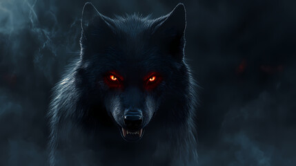 A stern looking looking black wolf with glowing red eyes. header banner template. sharp teeth. sharp fangs, black background, smokey ambience with copy space for text. Wolf. Illustration