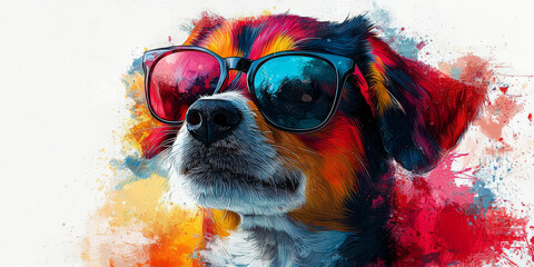 Wall Mural - Cool dog wearing sunglasses in a vibrant, colorful abstract setting.