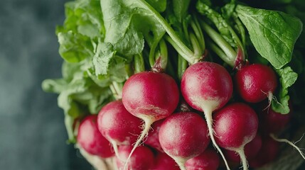 Wall Mural -   Radishes neatly stacked atop wooden table beside leafy greenery