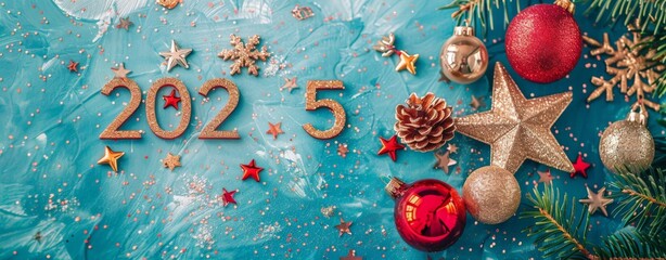 Wall Mural - A colorful arrangement celebrates the upcoming New Year with golden numbers, shiny ornaments, pinecones, and sparkling stars against a festive blue backdrop