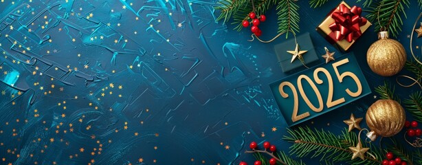 Wall Mural - A vibrant arrangement of gold and red ornaments, gifts, and evergreen branches adorns a blue backdrop, marking the countdown to New Year 2025 with cheer and festivity