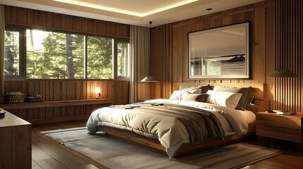 Elegant mid-century modern bedroom with wooden accents and clean design