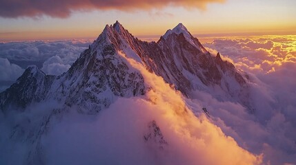 Poster -  A mountain peak viewed from above with cloudy scenery in the foreground and a sunset in the backdrop