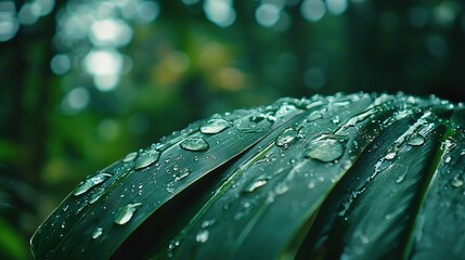 Wall Mural - a close-up of a green leaf with water droplets, surrounded by trees