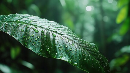 Wall Mural - a sharp focus on a green leaf with water droplets, surrounded by fuzzy tree silhouettes