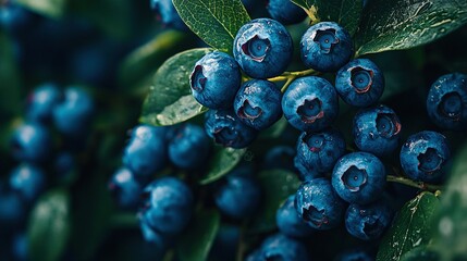 Wall Mural -   A close-up of blueberries on a bush with leaves and water droplets on the berries