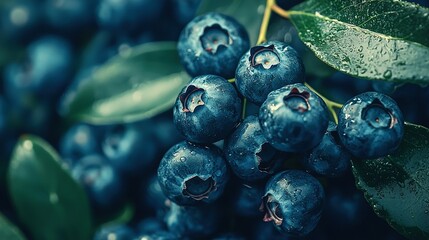 Wall Mural -   Blueberries atop green leaves with water droplets