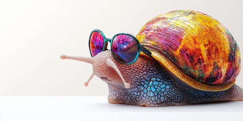 A snail with a colorful shell and cool shades.