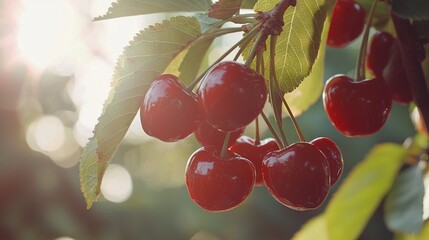 Wall Mural -   A cherry tree, bathed in sunlight, has its cherries dangling from the branches