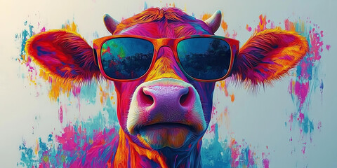 Sticker - Cool cow in sunglasses with a colorful abstract background.