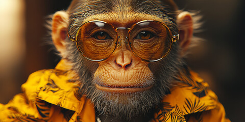 Wall Mural - A close-up of a monkey wearing a yellow shirt and round sunglasses. It looks serious and confident.