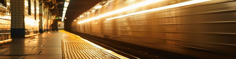 Wall Mural - Train arriving at an empty subway station with a blurred backdrop and space for text