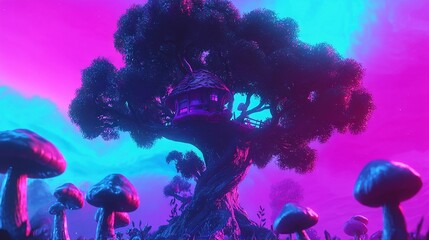 Wall Mural -   A cluster of mushrooms and a treehouse amidst a purplish-blue, pinkish-blue sky