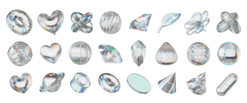 White holographic objects decoration set pack isolated background 3d rendering	
