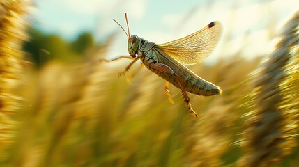 Wall Mural -   A grasshopper flies above tall grass and trees in the background in this close-up shot