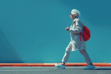 Elderly woman walking along a city street with a vibrant blue wall and red backpack during a sunny day in urban setting