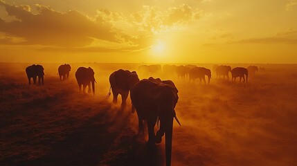 Poster -   A herd of elephants traverses a dry field as a cloudy sky obscures the setting sun