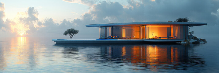 Poster - Modern house on stilts in the water at sunset.