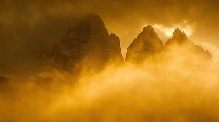 Wall Mural -   A mountain range shrouded in mist during midday, with a bird flying nearby