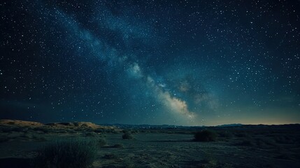 Sticker -   The night sky is filled with stars, and the Milky Way shines brightly above a desert landscape with sparse grass and bushes