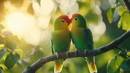 Poster -   A pair of birds perched on a tree branch, facing the sun