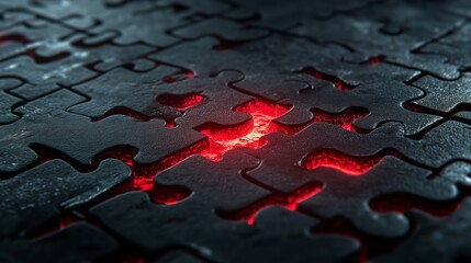 Poster - Dark puzzle pieces illuminated with a glowing red light create an intriguing visual effect in a mysterious setting