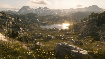 Canvas Print -  A stunning photo of a mountain range with a clear lake in the foreground and vibrant yellow flowers framing it