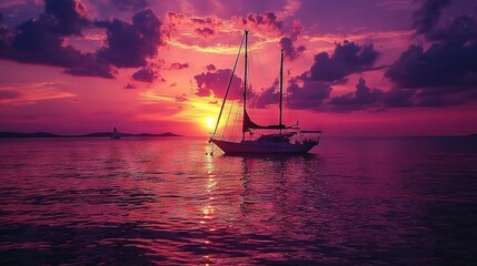 Canvas Print -   A boat floats atop a vast expanse of water, surrounded by a sky blushed pink and purple, with wispy clouds above